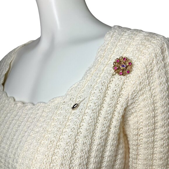 Vintage 60s Gold Tone AB Pink Rhinestone 3D Flower Stick Pin Retro Brooch 3.5” - Picture 4 of 10